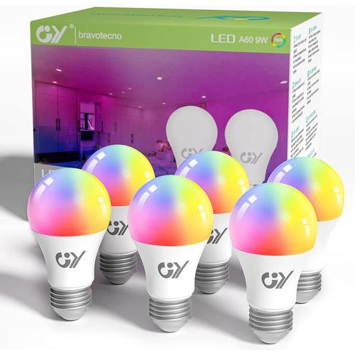 Lot De 6 Ampoules Connectée Wifi Led Compatible Avec Alexa/Google Home,E27 9w 850lm Intelligente Dimmable A60 Ampoule Multicouleurs Rgb+Blanc Chaud/Froid 2700k-6500k