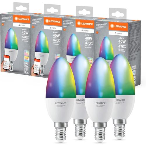 Smart+ Matter Led Lampe, Compatible Avec Google, Alexa, Apple, White Frost Optics, 4.9w, 470lm, E14, Couleur Lumière Et Lumière Blanche, Avec Vocal Control, Jusqu'à 20 000 Hrs, 4-Pack