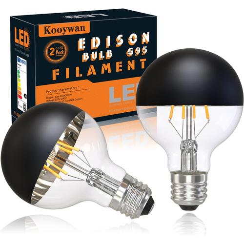 G95 E27 Ampoule Led À Filament 6 W Tête De Miroir Noir 2700k Blanc Chaud Couronne Noire Demi Ampoule Chromée Sans Ombre Lot De 2