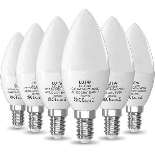 Ampoule Led E14 Blanc Chaud 3000k, Ampoule Bougie Led C37, 5w Équivalent 40w, 545lm, Ampoule Petit Culot À Vis E14, Économie D'énergie À Angle De Faisceau 160°, Non Dimmable,Lot De 6