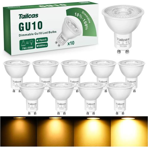 Ampoules Gu10 Led Dimmable Blanc Chaud 3000k 7w Spot Équivalente Incandescence 50w Halogène 500lm Remplacement Angle De Faisceau 38° Lampe Cri> 80 Réglable Économie D'énergie Lampe