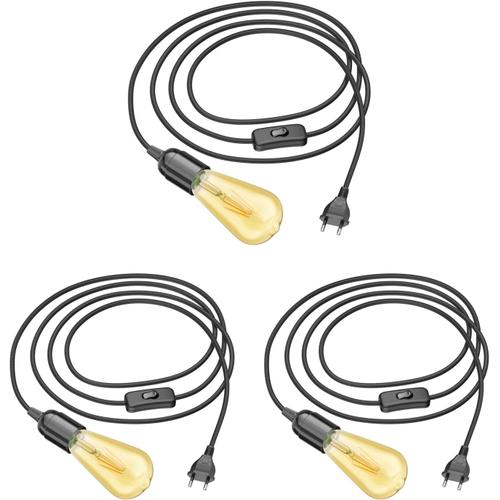 3 pièces câble textile LEHA avec fiche, interrupteur et douille E27, noir, 3m, incl. lampe E27 Vintage Retro or 3,83W extra-chaud-blanc 489lm