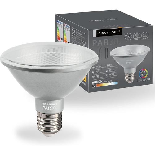 Ampoule Led Par30s Avec Culot E27, Réflecteur Optique 38°, 10w, Couleur Riche Ra¿92, Blanc Froid 6000k, 900 Lumens Équivalent À 90w Halogène, Paquet De 1