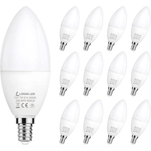 Lohas Ampoule Led E14, 7w Ampoule Bougie C37, Équivalente À Une Lampe À Incandescence 60w, 3000k Blanc Chaud, Non Dimmable, 600lm, 220v-240v, Lot De 12