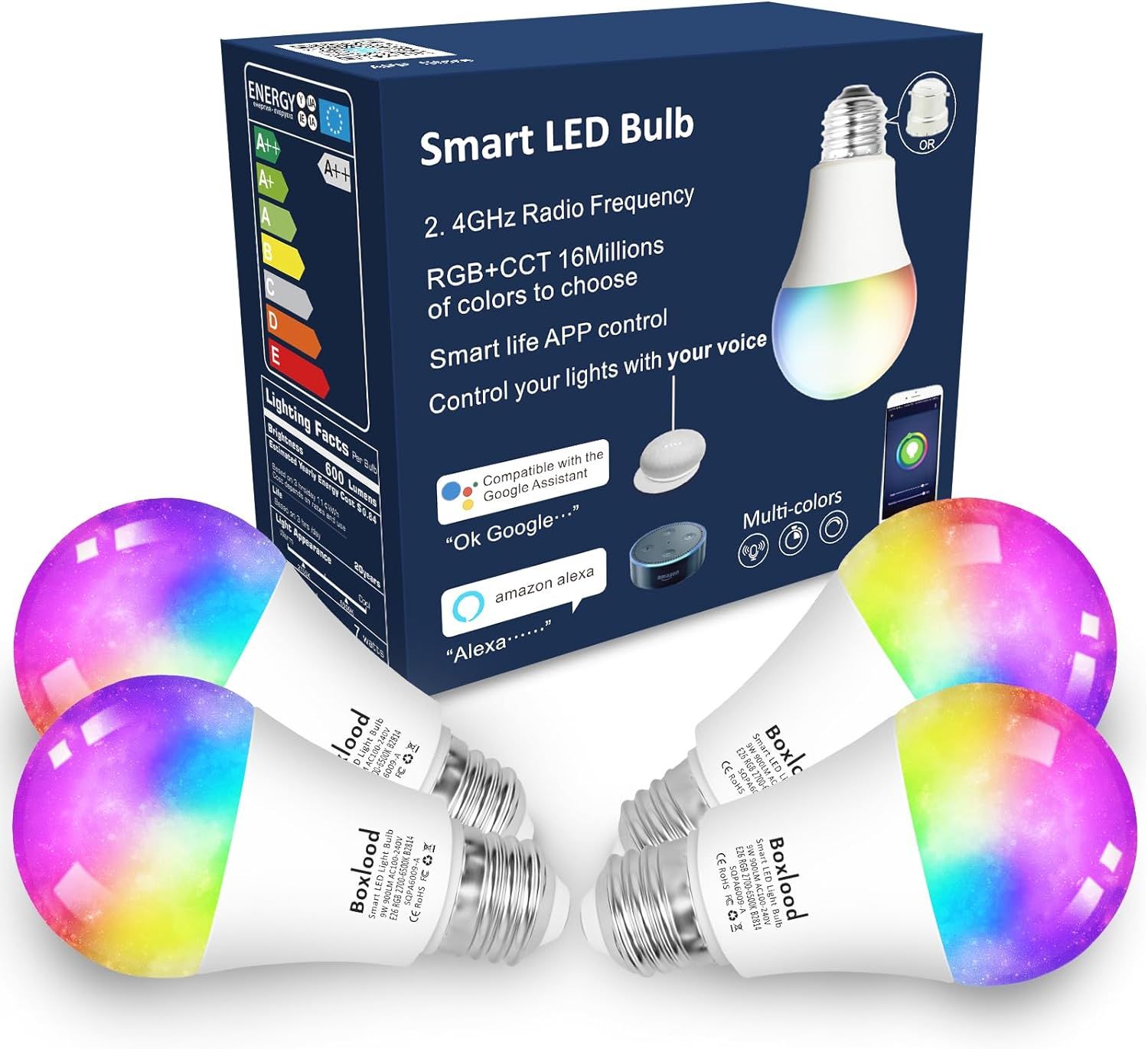 Lot De 4 Ampoules Smart E27 Wi-Fi 7 W, 60 W Équivalent, Ampoule Intelligente Led Dimmable, Contrôle Vocal Compatible Avec Google Home, A60 Rgb 2700 K-6500 K, 4 Pièces