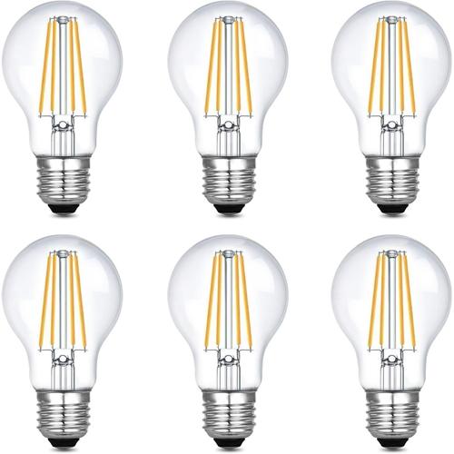 Ampoules Led E27 Blanc Chaud, 7w (Équivalent 60 Watts), 806lm 2700 Kelvin Filament Transparent Intensité Non Variable - Lot De 6