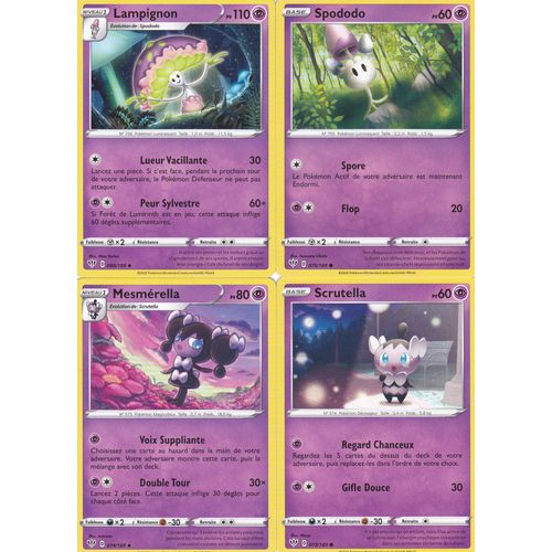 4 Cartes Pokemon - Lampignon - 80/189 + Spododo - 79/189 + Mesmérella 74/189 + Scrutella 73/189 - Épée Et Bouclier 3 Ténèbres Embrasées