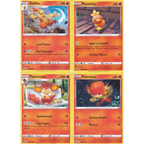 4 Cartes Pokemon - Galifeu - 23/189 + Poussifeu - 22/189 + Flamoutan 27/189 + Flamajou 26/189 - Épée Et Bouclier 3 Ténèbres Embrasées