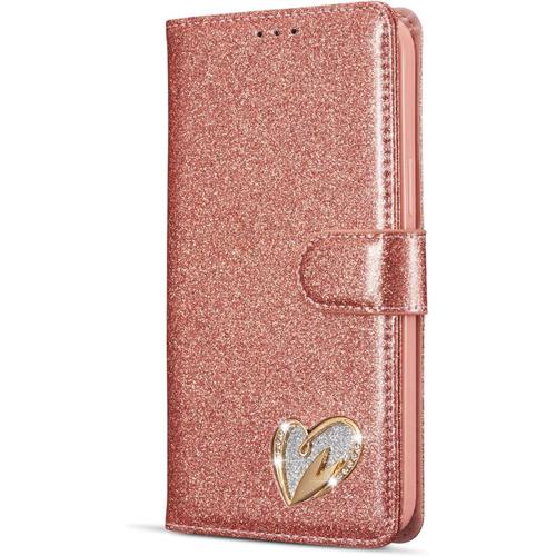 Coque Compatible Avec Iphone 12 Mini (5,4 Pouces) [Avec Verre Tremp¿¿], Glitter Bling Housse En Cuir Synth¿¿Tique Avec Support Et Cartes Compartiments (Or Rose)