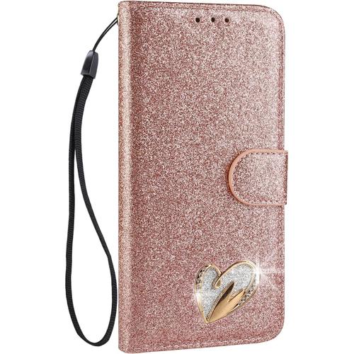 Coque Compatible Avec Iphone Xs Max (6,5 Pouces) [Avec Verre Tremp¿¿], Glitter Bling Housse En Cuir Synth¿¿Tique Avec Support Et Cartes Compartiments (Or Rose)