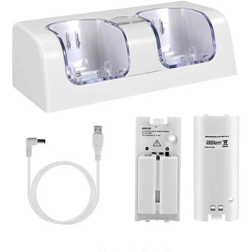 Chargeur Dock Station + 2 Packs De Batteries Compatible Pour Nintendo Wii Remote Controller Couleur Blanc