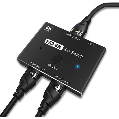 Commutateur HDMI 8K HDMI 2.1 Sélecteur Directionnel 2 in 1 Out, Ultra HD Convertisseur 8K@60Hz 4K@120Hz Compatible avec Xbox PS5 Game Console PC Laptop HDTV Monitor
