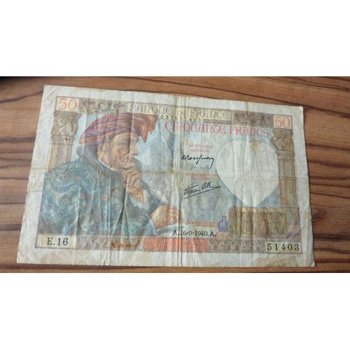 France = Billet De 50 Francs, Type Jacques Coeur, Daté Du 26-9-1940, Série E.16, N° 037951403