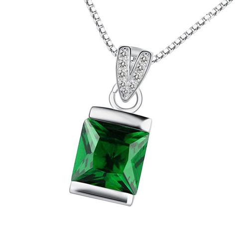 Collier Pendentif Carré En Argent 925 Strass /Cristal Verte Bijoux Femme Décoration