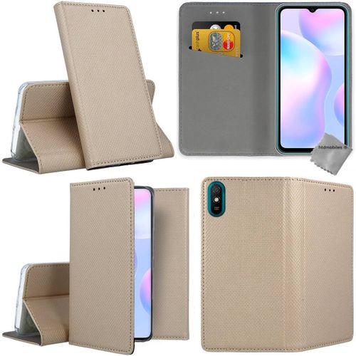 Housse Etui Coque Pochette Portefeuille Pour Xiaomi Redmi 9a + Film Ecran - Or Magnet