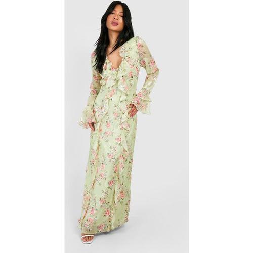 Petite Ruffle Floral Jacquard Chiffon Maxi Dress - Vert Mastic - 16