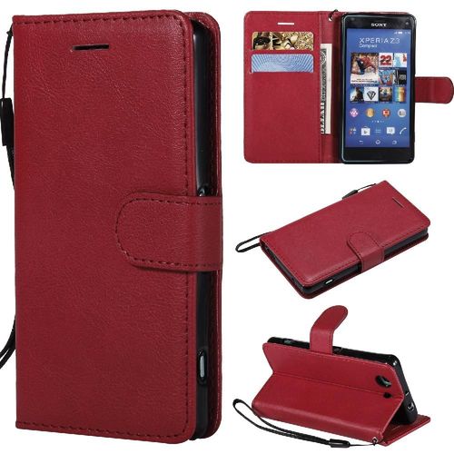 Étui Pour Rabattu Sony Xperia Z3 Mini Couleur Solide Classique Étui De Téléphone Portefeuille D'affaires Cuir De Haute Qualité Avec Fente Pour Carte - Rouge