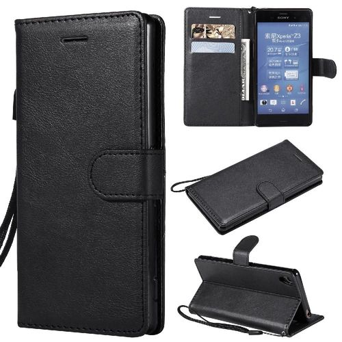 Étui Pour Rabattu Sony Xperia Z3 Avec Fente Pour Carte Cuir De Haute Qualité Couleur Solide Classique Étui De Téléphone Portefeuille D'affaires - Noir