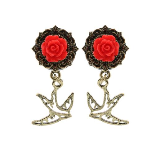 Paire Alliage Ecarteur D'oreilles Tunnel Boucles D'oreilles Acrylique Rose Avec Hirondelle Pendentif Rouge 14mm