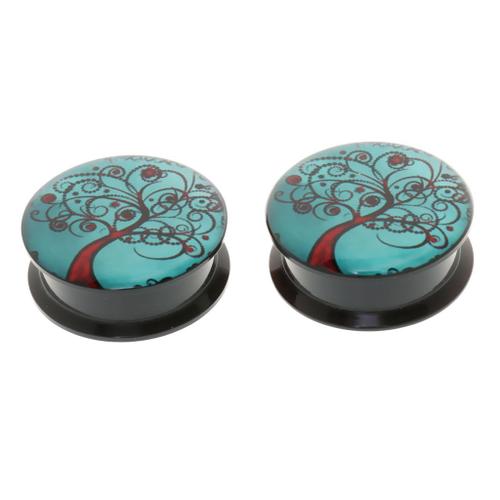 Paire Expander Oreilles Clous Tunnel Acrylique Motif D'arbre Bleu Noir 22mm