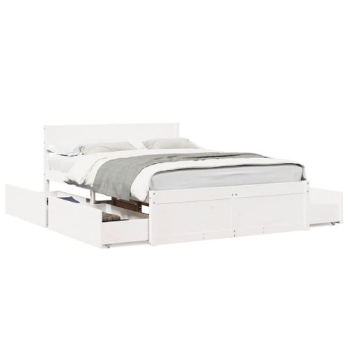 Vidaxl Cadre De Lit Avec Tiroirs Blanc 120x200 Cm Bois De Pin Massif