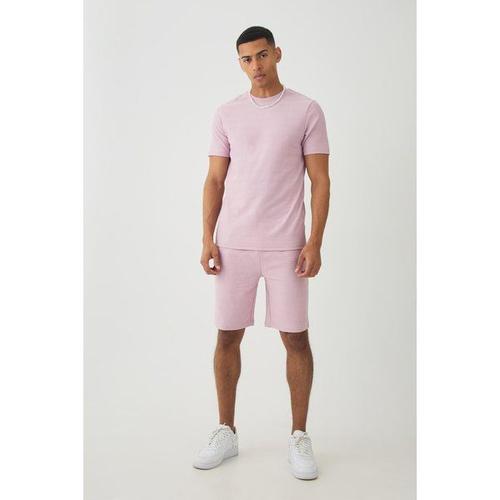 Slim Jacquard Stripe T-Shirt & Short Set Homme - Rose - Xs, Rose