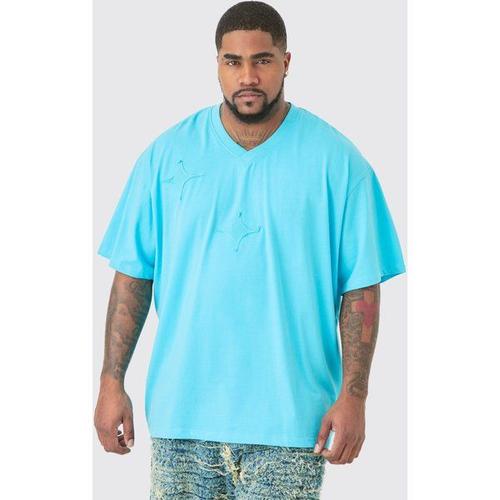 Plus Distressed Applique Loose V Neck T Shirt In Blue Homme - Bleu - Xxxxl, Bleu