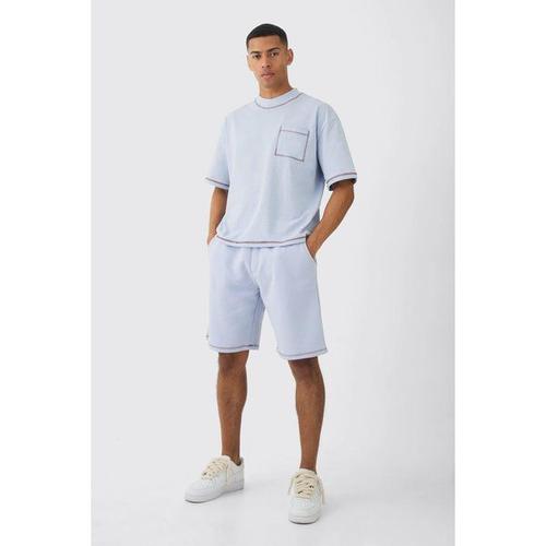 Oversized Boxy Contrast Stitch T-Shirt & Long Length Shorts Homme - Gris - S, Gris