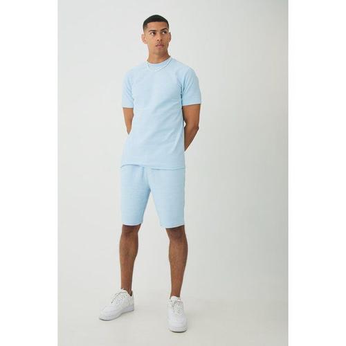 Slim Jacquard Stripe T-Shirt & Short Set Homme - Bleu - M, Bleu