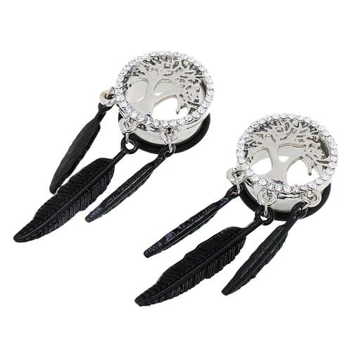 1 Paire Expander D'oreilles En Inox De Motif D'arbre De Vie Avec Strass Et Plume Décor Pendante