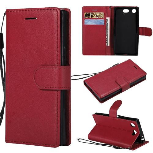 Flip Étui Pour Sony Xperia Xz1 Compact Couleur Solide Classique Cuir De Haute Qualité Étui De Téléphone Portefeuille D'affaires Avec Fente Pour Carte - Rouge