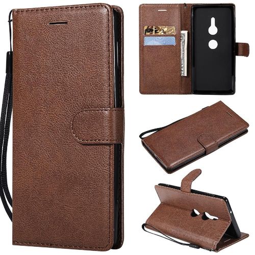 Étui Pour Rabattu Sony Xperia Xz2 Avec Fente Pour Carte Couleur Solide Classique Étui De Téléphone Portefeuille D'affaires Cuir De Haute Qualité - Le Brun
