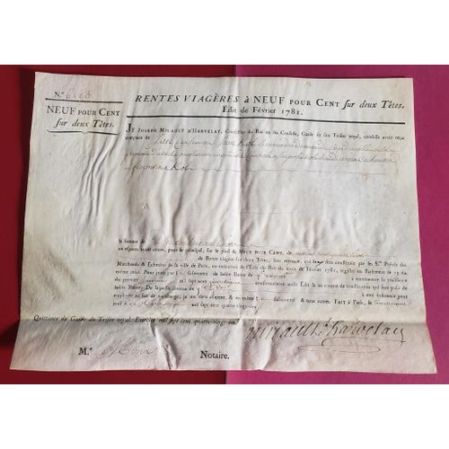 Rentes Viageres - Edit Du Roi De Fevrier 1781 - 9% Sur 2 Tetes - Tres Rare !!!