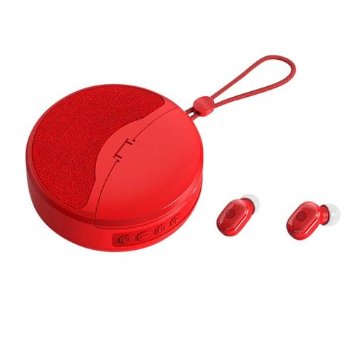 Mini haut-parleur Bluetooth sans fil, écouteur 2 en 1, caisson de basses TWS, stéréo, mains libres, multifonction, carte TF, FM (rouge)