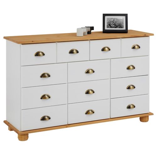 Commode Colmar Chiffonnier Apothicaire Rangement Avec 11 Tiroirs En Pin Massif Lasur? Blanc Et Brun