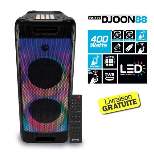 Enceinte 400 W sur batterie Pickering Djoon88 - Dj PAD 16 effets - LED/BT/USB - 400w - Boomer et Sub + Tel