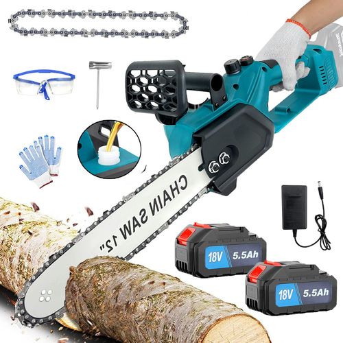 Tronçonneuse sans fil 12 pouces, tronçonneuse sans balai , 650W pour jardinage, coupe de bois, taille, agriculture avec batterie 2x5000mah + chargeur- compatible avec la batterie Makita