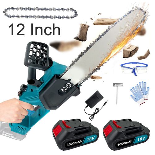 Tronçonneuse 12 pouces sans balai , sans fil , portable à main pour jardinage, coupe de bois, taille, agriculture avec batterie 2x3.0ah + chargeur- compatible avec la batterie Makita