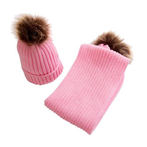 2pcs Bonnet De Ski Tricot En Laine Bébé Fille Garçon Et Echarpe Coup Vent Chaud Hiver Rose