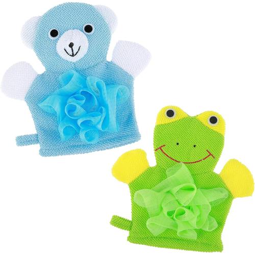 2pcs Enfants Gant De Bain - Aqsacokiya - Gants De Toilette Éponge Mignon Animal Bébé Bambin Bain Et Douche 1 2 3 Ans - Blue+Vert