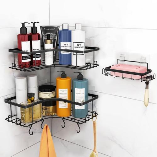 Etagere Douche sans Percage Angle, 3 PCS Etagere Angle Adhesive Salle de Bain, Support de Douche Noir pour Rangement, Porte Gel Shampoing Douche Serviteur Accessoire avec Porte Savon Shower Organizer