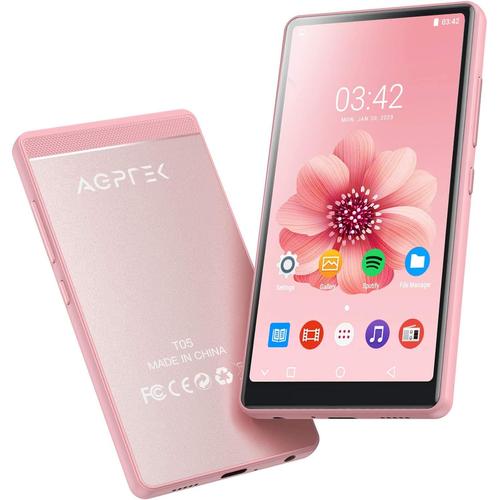 40Go Lecteur MP3 MP4 Bluetooth WiFi, 4"" Écran Tactile MP3 Android avec Spotify, Amazon Music, Lecteur Musique HiFi avec Haut-Parleur/Radio FM, Batterie 1000mAh, Externe Jusqu'à 128Go - Rose