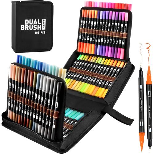 Dual Brush Lot De 100 Feutres De Couleur Épais Et Fins - Couleurs Aquarelles Pour Lettrage À La Main, Bullet Journal, Livres De Coloriage, Manga, Calligraphie Pour Enfants Et Adultes