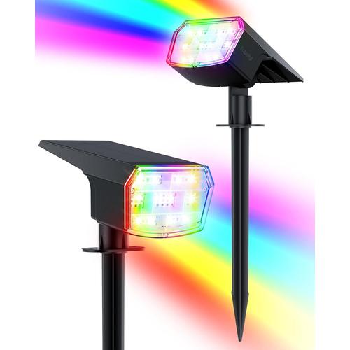 Lampe Solaire Extérieur Jardin Lot De 2, Rgb Spot Solaire Changement De Couleur À 59 Led, Panneau Solaire Réglable, Etanche Ip67, 2 Installation Pour Jardin Chemin Cour Allée