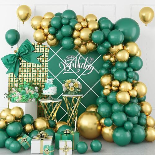 Kit d'arche de ballons verts et dorés, 112 ballons dorés DND, décoration de fête vert émeraude avec ballon doré métallisé vert foncé pour thème forêt tropicale, fête d'anniversaire, mariage,