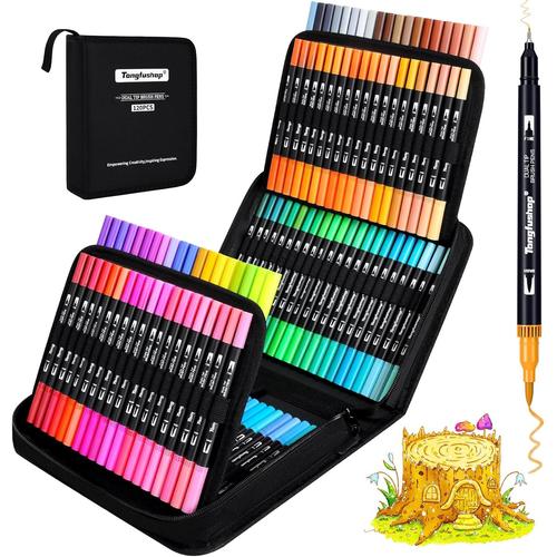 120 Couleurs Feutres Coloriage Enfants Adulte, Sûr Et Durable Stylo Aquarelle, Double Pointe Fine Brush Pen 0.4mm Et 5mm, Pour Bullet Journal, Livre