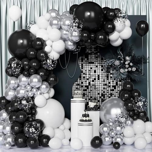 Kit Arche Ballons Noir Blanc, 117 Pcs Guirlande Ballons Argent Métallisé Noir Blanc Avec Ballons à Confettis pour Fête Anniversaire Fête Prénatale Mariage Remise Diplôme Anniversaire Retraite Décor