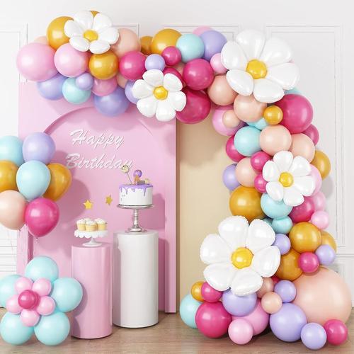 Arche Pour Ballon Pastel, 104 Pièces Kit Arche Ballons Marguerite, Kit Arche Ballon De Macaron Rose Bleu Violet Jaune Orange Ballon Aluminium Pour Anniversaire De Vie De Jeune Fille Femmes Décorations