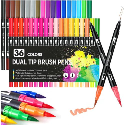 Dual Brush Pen Set, Feutres Coloriage, 36 Couleurs Feutre Double Pointe Aquarelle Stylos, Brush Pen Pour Enfants Et Adultes Feutre De Coloriage 1-2 Mm/Fineliner 0.4 Mm