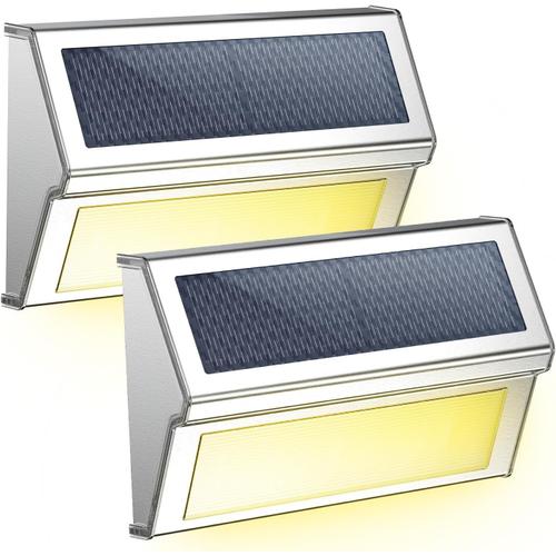 Lampes Solaire Extérieurs, 2 Pack Led Ip55 Étanche Sécurité Clôture Mural Applique Spot Solaire Éclairage Avec Detecteur Chaude Lumière Pour Jardin Patio, Étanche-Extérieur-Solaire-Lampe